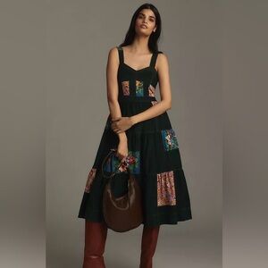 Anthropology Maeve Dark Green Floral Patchwork Midi Dress Medium Unique Like new